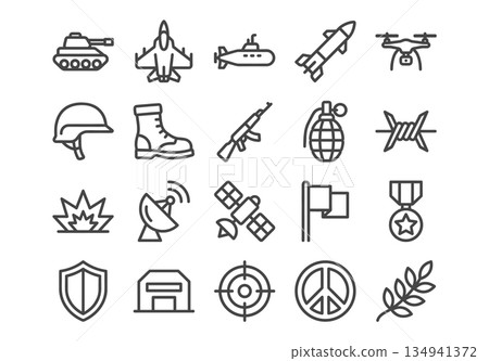 Military and war line icons set. Vector collection of army symbols including tank, weapon, drone, soldier gear, explosion, and peace signs. Simple outline style isolated on white background. Military and war line icons set. Vector collection of army symbols including tank, weapon, drone, soldier gear, explosion, and peace signs. Simple outline style isolated on white background. 134941372