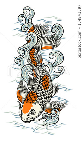 Koi Carp Fish Vintage Japanese Painting Style Art 134941397