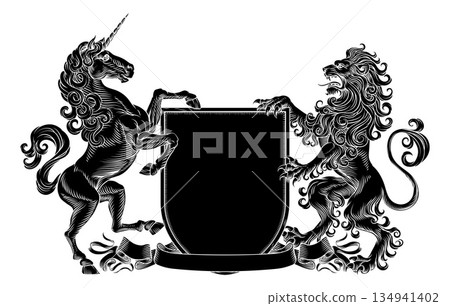 Heraldic Crest Lion Unicorn Coat Of Arms Shield Heraldic Crest Lion Unicorn Coat Of Arms Shield 134941402