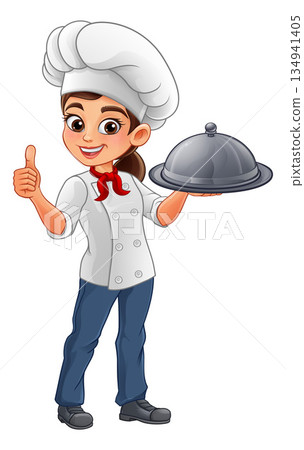 Female Cook Holding Tray Cloche and Smiling 134941405