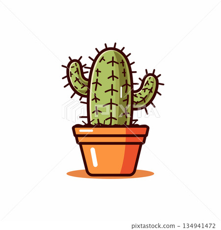 Round green cactus with spikes in an orange pot 134941472