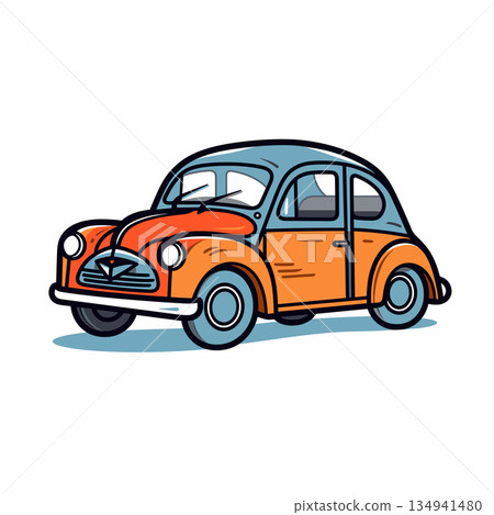 Classic orange and blue car parked on street 134941480