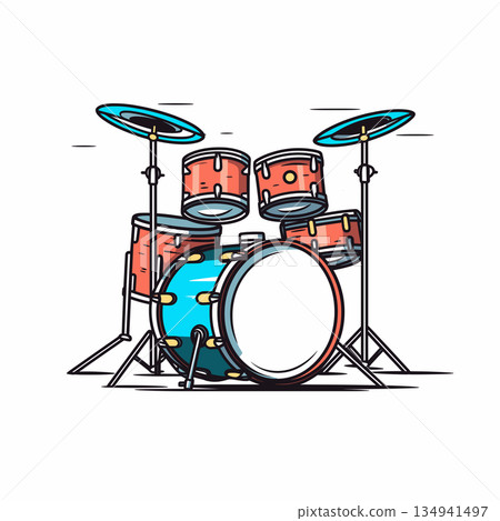 Colorful drum set ready for performance on stage Colorful drum set ready for performance on stage 134941497