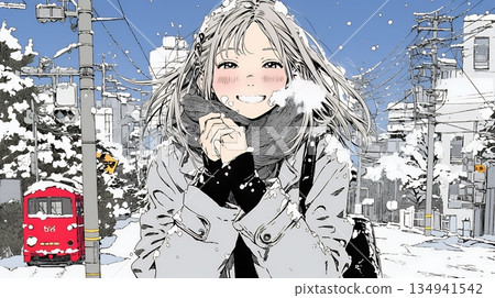 一位年輕女子對著自己凍僵的雙手吹氣取暖。 134941542