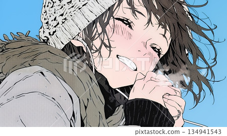 一位年輕女子對著自己凍僵的雙手吹氣取暖。 134941543