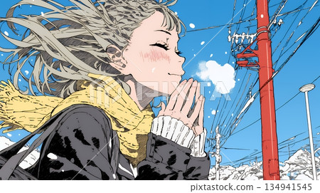 一位年輕女子對著自己凍僵的雙手吹氣取暖。 134941545