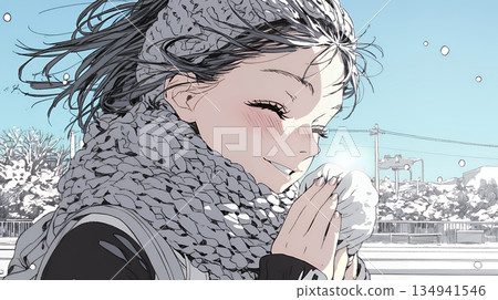 一位年輕女子對著自己凍僵的雙手吹氣取暖。 134941546