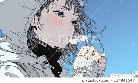 一位年輕女子對著自己凍僵的雙手吹氣取暖。 134941547