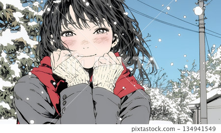 一位年輕女子對著自己凍僵的雙手吹氣取暖。 134941549