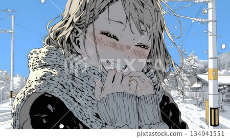 一位年輕女子對著自己凍僵的雙手吹氣取暖。 134941551