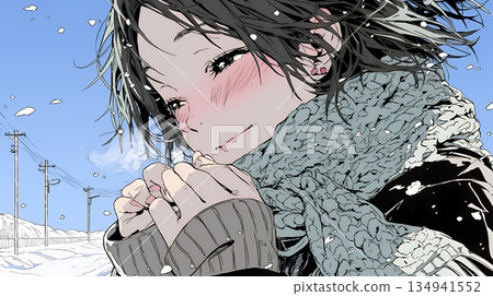 一位年輕女子對著自己凍僵的雙手吹氣取暖。 134941552