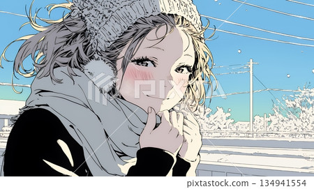 一位年輕女子對著自己凍僵的雙手吹氣取暖。 134941554