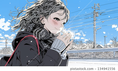 一位年輕女子對著自己凍僵的雙手吹氣取暖。 134941556