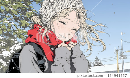 一位年輕女子對著自己凍僵的雙手吹氣取暖。 134941557