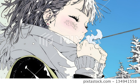 一位年輕女子對著自己凍僵的雙手吹氣取暖。 134941558