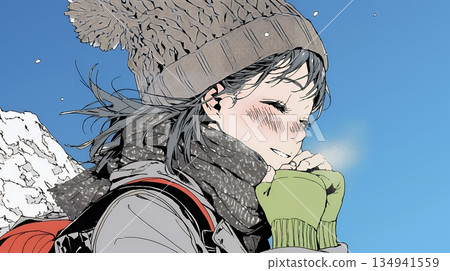 一位年輕女子對著自己凍僵的雙手吹氣取暖。 134941559