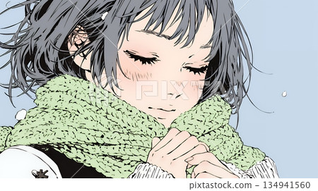 一位年輕女子對著自己凍僵的雙手吹氣取暖。 134941560