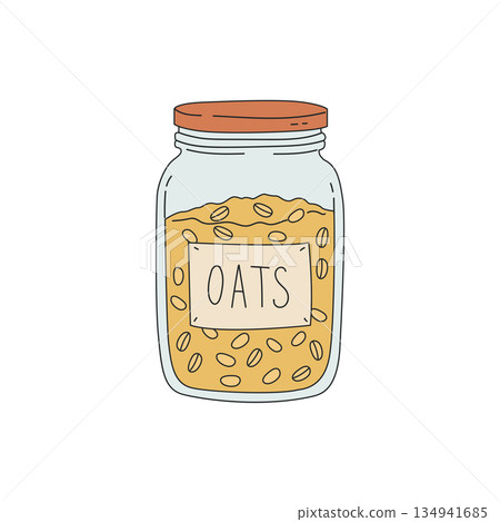 Glass jar with oatmeal and oats label. Healthy food storage and eco-friendly lifestyle vector illustration 134941685