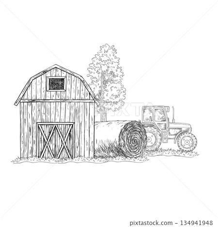 Agricultural landscape. Hand-drawn black and white vector graphics. A barn, a tractor, and a roll of hay. The concept of the agricultural industry. For banners, labels, postcards, and more. 134941948