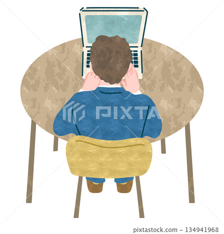 A man sitting in a chair and operating a computer (top view, rear view) 134941968