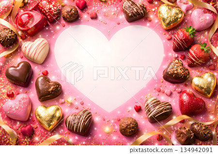 情人節相框背景，周圍環繞著心形巧克力 134942091
