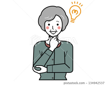 正面視角。一位身穿開襟衫的老婦人，一手托著下巴，表情震驚。 134942537