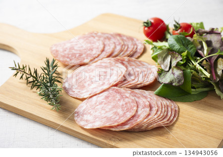 Sliced salami sausage 134943056