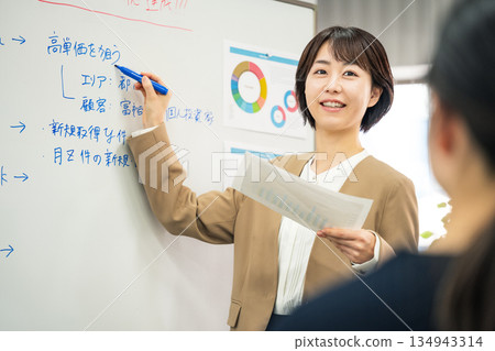 一位年輕女子在商務會議上發言 一位年輕女子在商務會議上發言 134943314