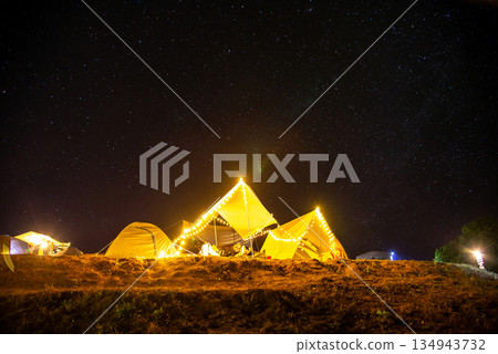 Night camping in mountain Tents, Travel and Relaxation Night camping in mountain Tents, Travel and Relaxation 134943732