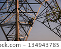 Electrical engineers climb high voltage power poles for maintenance. 134943785