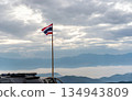The Thai flag on the mountain and the morning mist. 134943809