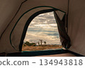 Camping tents in the mountains, and morning mist. 134943818