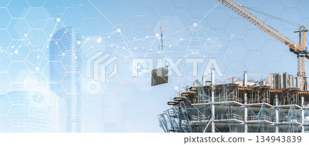 Construction technology banner background. Construction site with cranes, fittings and concrete. 134943839