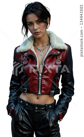 The image shows a woman wearing a cropped biker jacket with red and black accents and a white fur collar 134943885