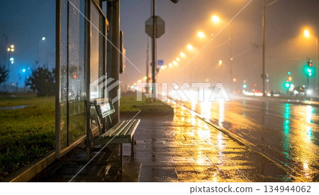 雨霧瀰漫的深夜，從公車站長椅上望出去的景色 134944062