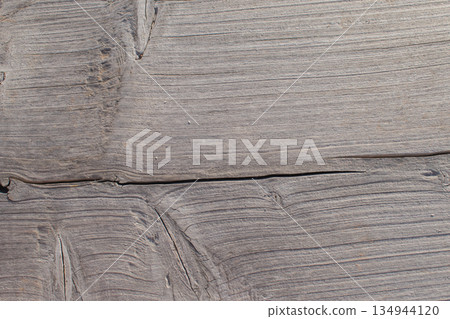 close up of horizontal weathered gray wooden boards texture background with knots and deep grain 134944120
