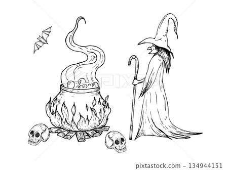 Vector halloween old wicked witch with crutch and hat near mystical cauldron glowing with magical fire. Hand painted linear wizard cap illustration. Graphic monochrome sketch isolated on background Vector halloween old wicked witch with crutch and hat near mystical cauldron glowing with magical fire. Hand painted linear wizard cap illustration. Graphic monochrome sketch isolated on background 134944151