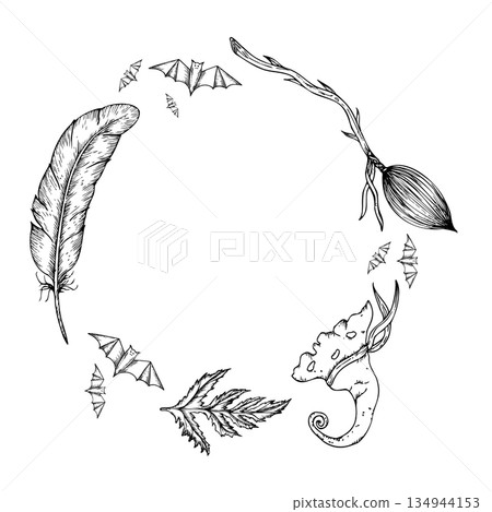 Vector frame with halloween witch broom, bird feather, hat and bat. Hand painted linear wizard cap illustration. Graphic monochrome sketch isolated on background. For designers, prints, logo, icon 134944153