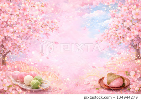 Spring background with cherry blossom frame and Japanese sweets 134944279