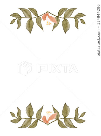 Floral frame vertical border, peach blossoms, green leaves, watercolor hand-painted illustration isolated on white, botanical design ideal for wedding stationery, invitations, greeting cards, branding Floral frame vertical border, peach blossoms, green leaves, watercolor hand-painted illustration isolated on white, botanical design ideal for wedding stationery, invitations, greeting cards, branding 134944296