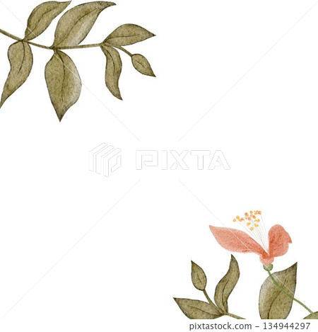Floral frame horizontal border, peach blossoms, green leaves, watercolor hand-painted illustration isolated on white, botanical design ideal for wedding stationery, invitations, greeting cards Floral frame horizontal border, peach blossoms, green leaves, watercolor hand-painted illustration isolated on white, botanical design ideal for wedding stationery, invitations, greeting cards 134944297