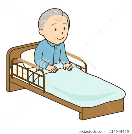An elderly man sitting up in his nursing bed 134944439