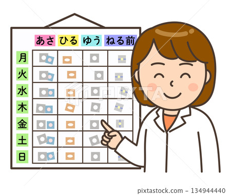 一位微笑的年輕女藥劑師正在查看用藥日曆。 134944440
