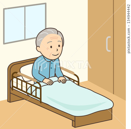 一位老人坐在護理床上。 134944442