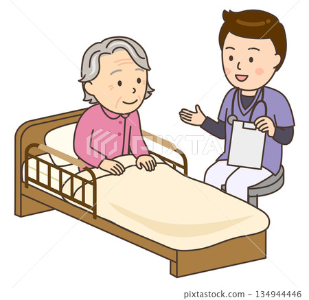 A young male nurse staying by the bedside of an elderly woman 134944446