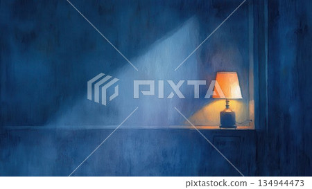 靜謐的藍色房間和檯燈水彩畫 134944473