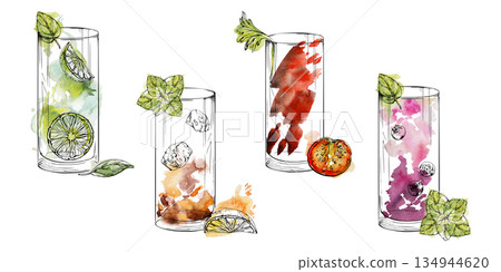 Ink highball collins glasses with lemonade, berry juices or alcoholic cocktails, mint leaves garnish. Refreshing watercolor accents. Hand drawn for summer branding, bar labels, vendor board stickers. 134944620