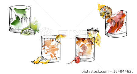 Tumbler glasses set with Caipirinha or absinthe, Old-fashioned, Mai tai and Negroni cocktails, citrus and fruit garnish. Hand drawn in watercolor and ink for invitations, posters, bar and party menus. Tumbler glasses set with Caipirinha or absinthe, Old-fashioned, Mai tai and Negroni cocktails, citrus and fruit garnish. Hand drawn in watercolor and ink for invitations, posters, bar and party menus. 134944623