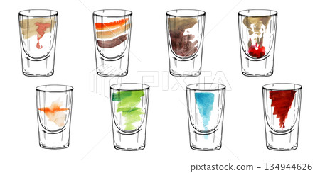Mix of strong alcoholic beverages and cocktails, lemonade, energy drinks. Shot glasses set in neon watercolor shades with ink glasses outlines hand drawn for bar signage, flyers, celebration prints. 134944626