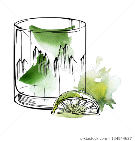 Classic green Caipirinha cocktail, absinthe with lime slice in tumbler crystal glass. Watercolor and ink blend illustration for Brazilian bar prints, digital menu backgrounds, mixology course coupons Classic green Caipirinha cocktail, absinthe with lime slice in tumbler crystal glass. Watercolor and ink blend illustration for Brazilian bar prints, digital menu backgrounds, mixology course coupons 134944627
